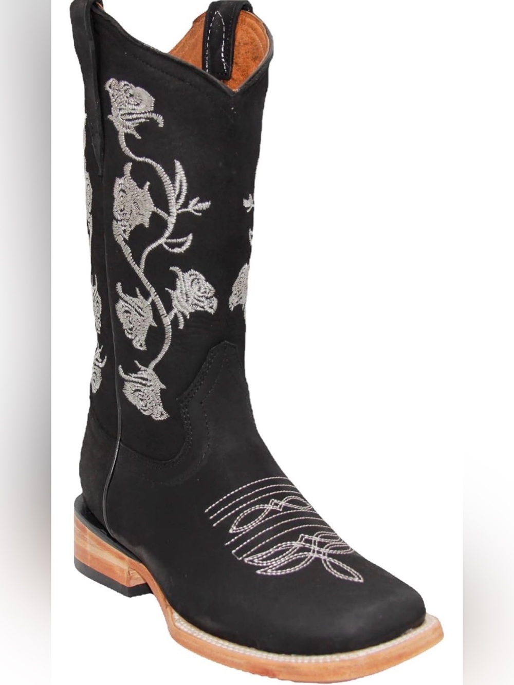 Suede Women’s Square Toe Cowboy Boot Embroidered Floral Roses Western Black